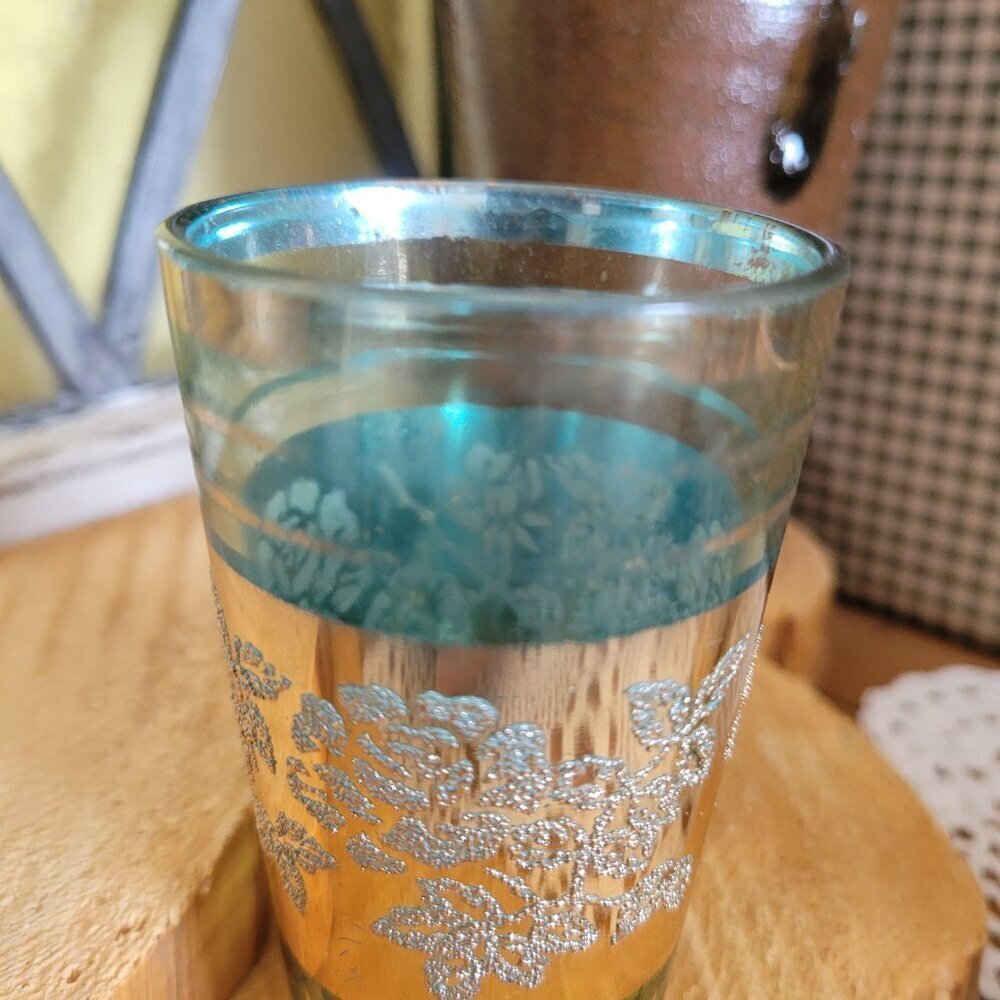 12 Vintage Drinking Glasses from Korea - Orange, Turquoise & Gold Roses - Picture 10 of 15
